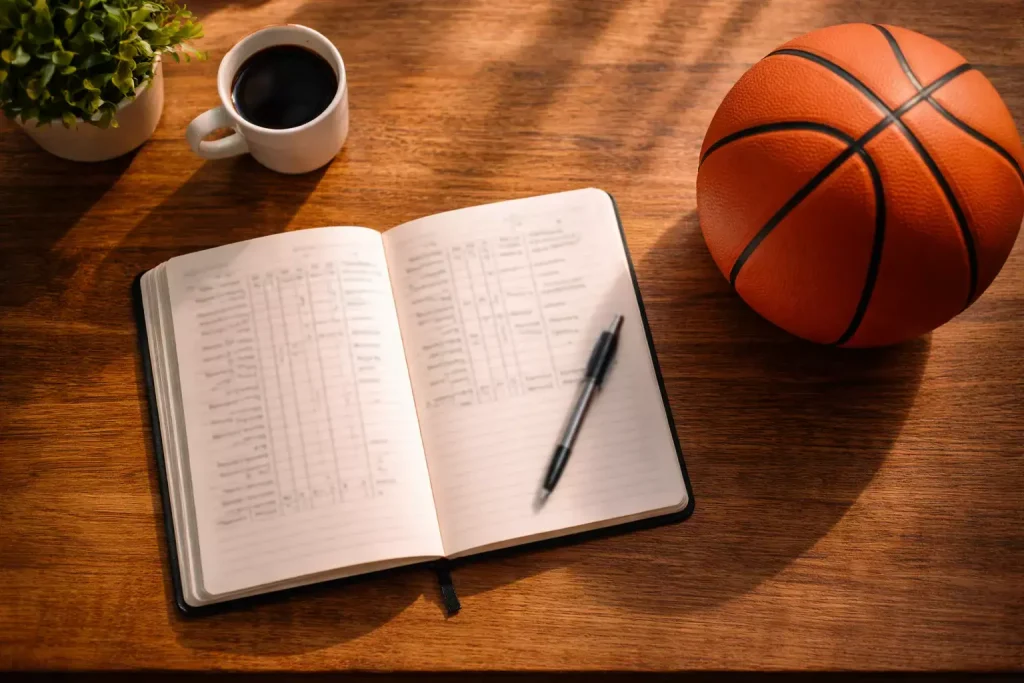 Notitieboek met een pen op een bureau naast een basketbal, planningsscène