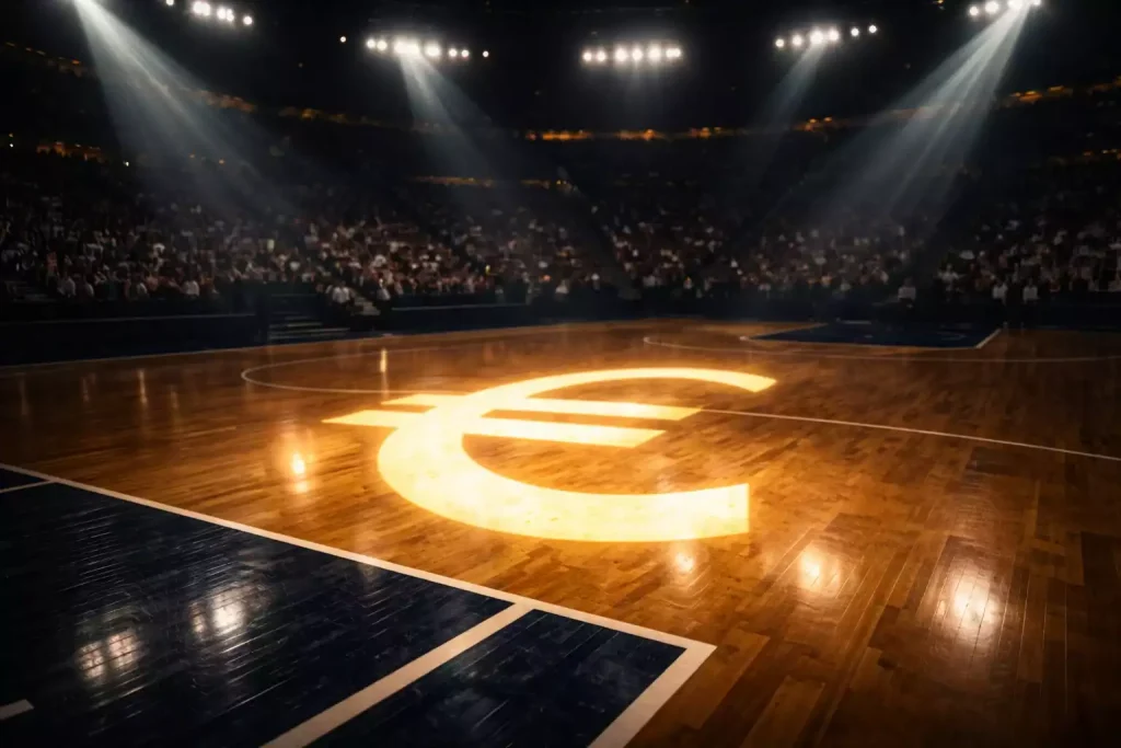 Basketbalveld met lichteffecten en symbool € dat waarde en winst suggereert
