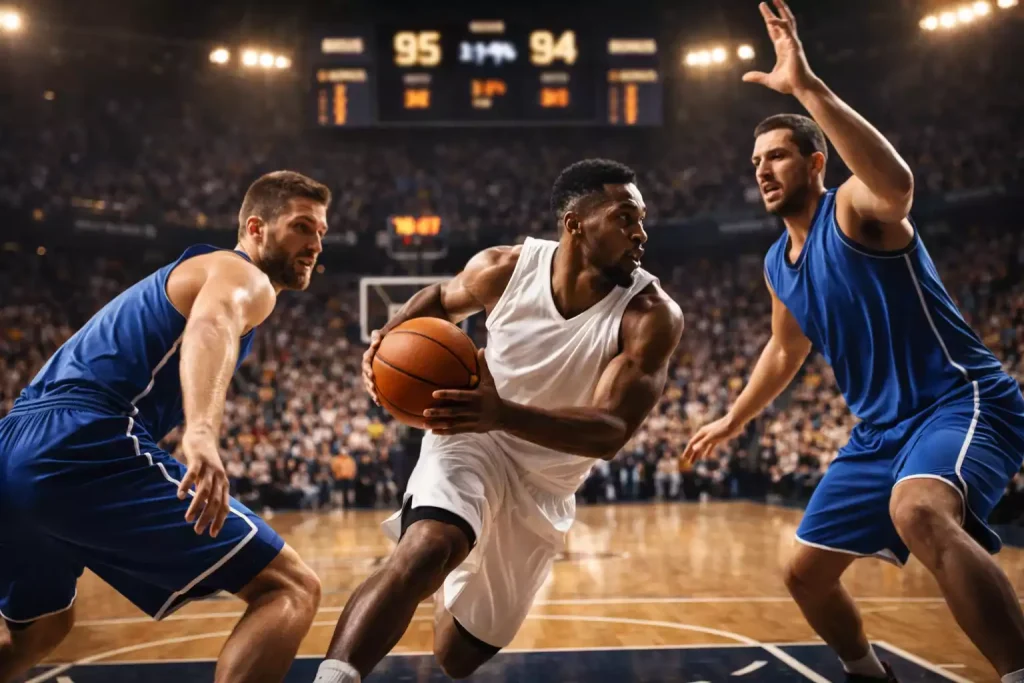 Basketbalwedstrijd met scorebord en spelers in actie op het veld