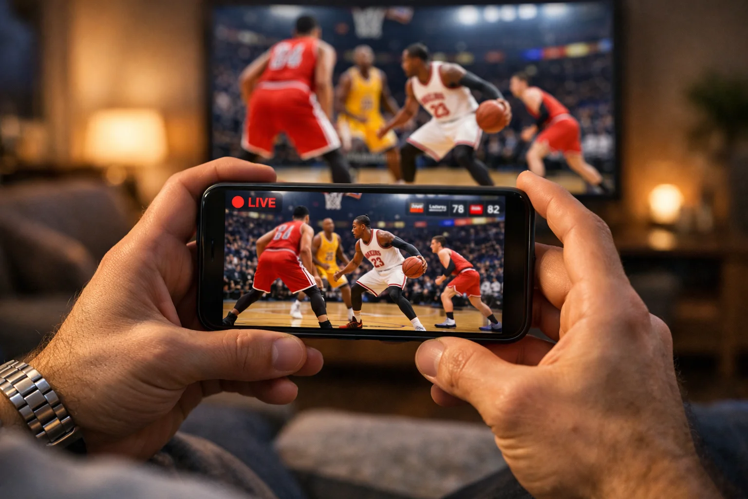 Basketbal wedstrijd bekijken op smartphone tijdens live wedden