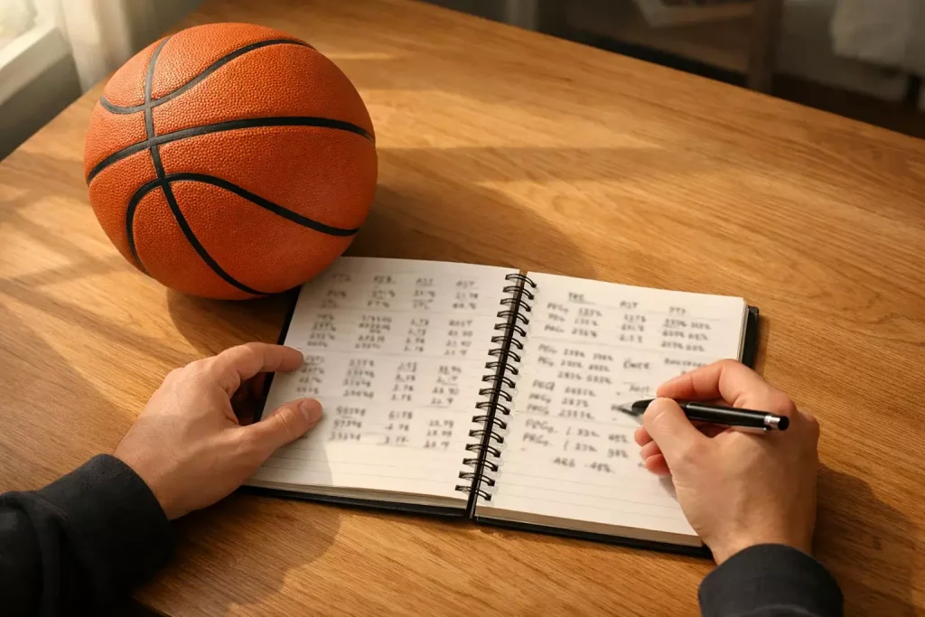 Persoon bestudeert basketbalstatistieken op een notitieboek naast een basketbal