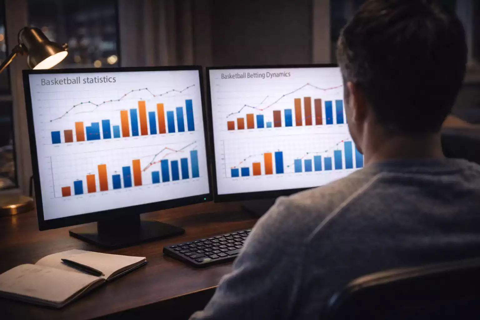 Persoon analyseert basketbal statistieken op meerdere schermen