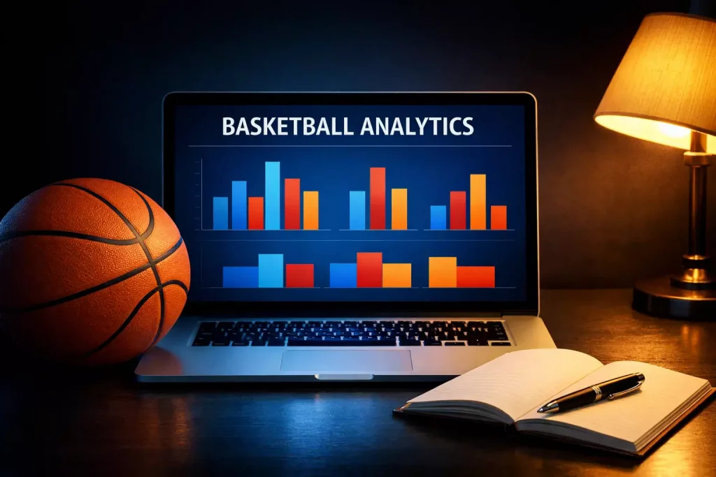 Laptop met basketbalstatistieken op het scherm naast een basketbal op een bureau