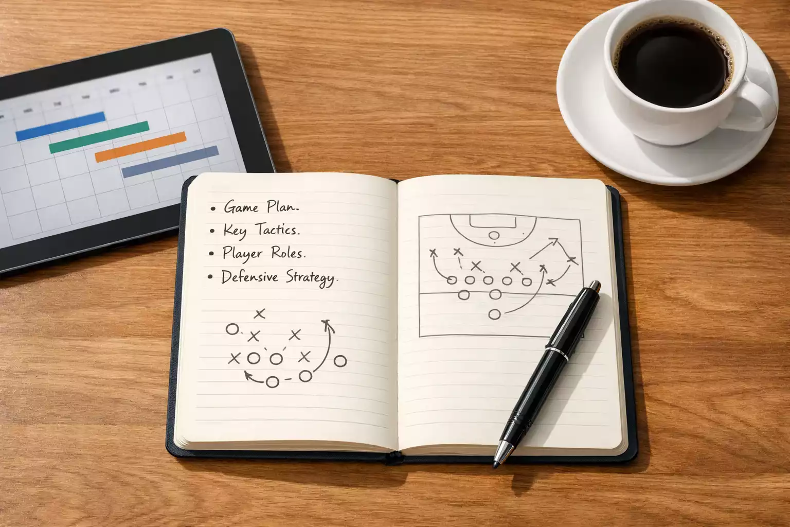Notitieboek met basketbal wedstrategieën en een pen