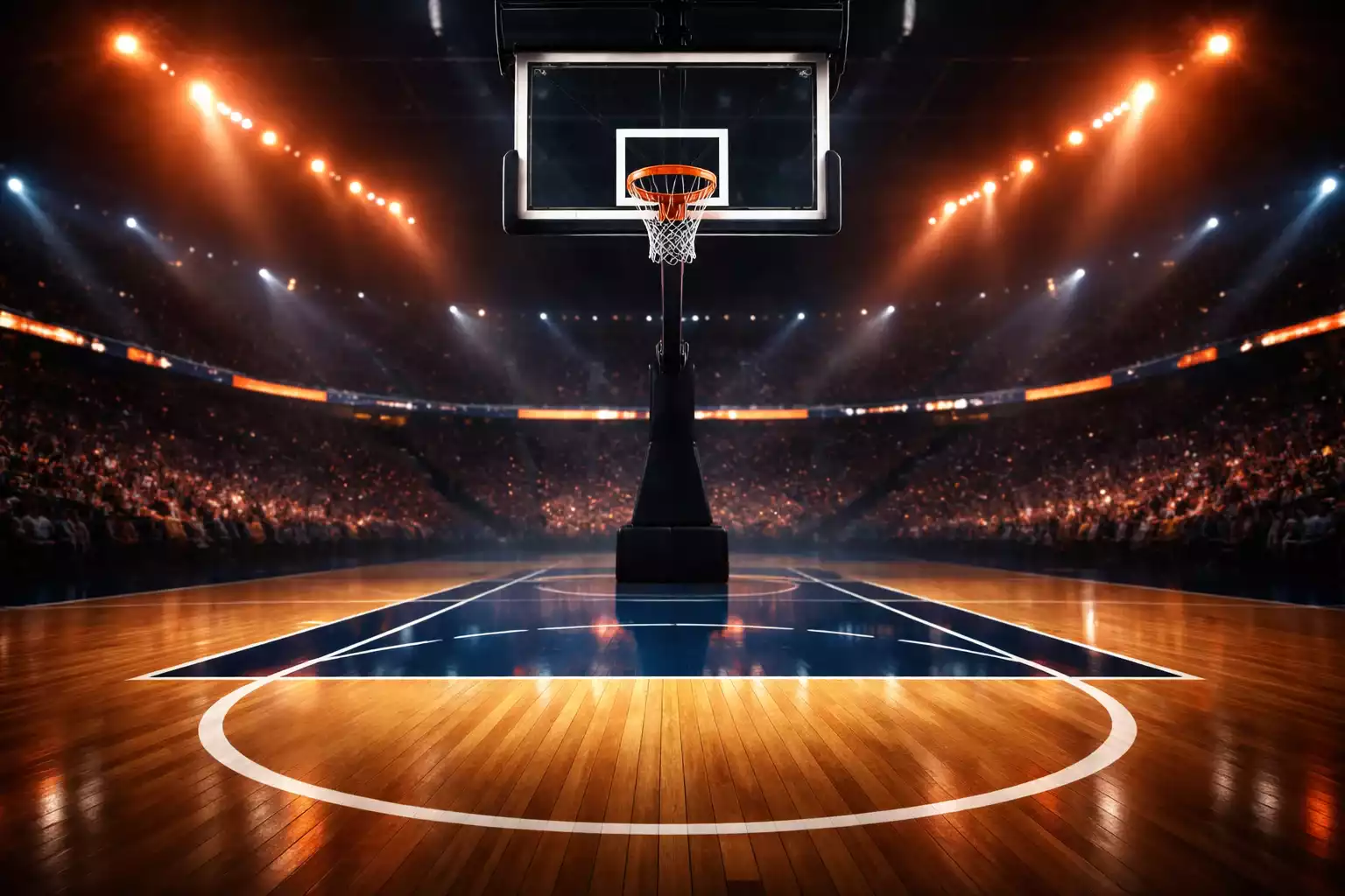 Basketbal wedstrijd in een moderne arena met felle verlichting