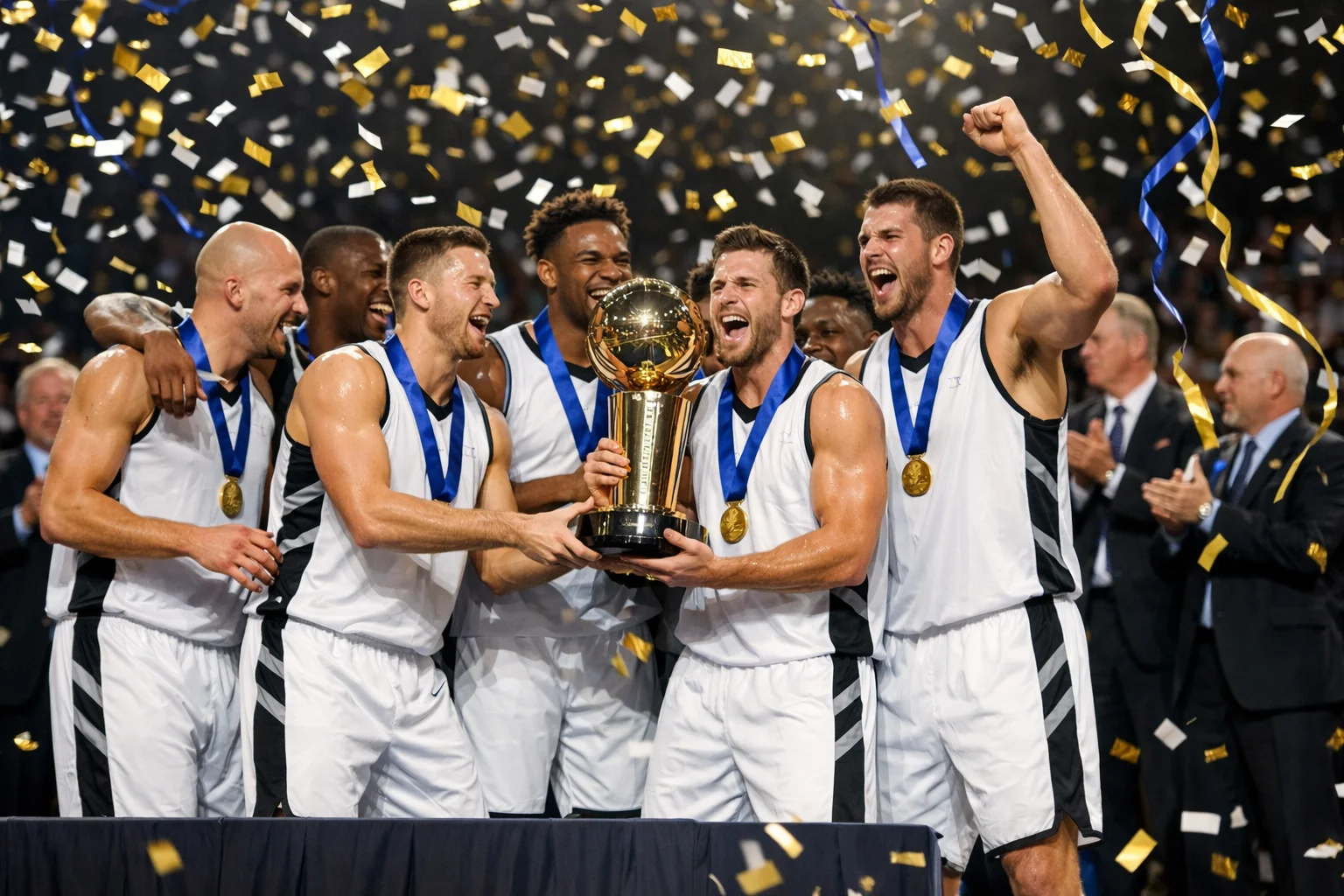 Basketbalteam met kampioensmedailles en trofee aan het einde van het seizoen