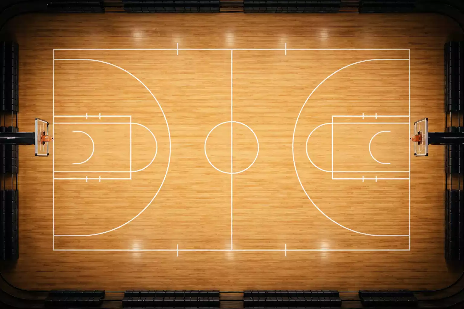 Overzicht van een NBA-basketbalveld met teamlogo's van Eastern en Western Conference