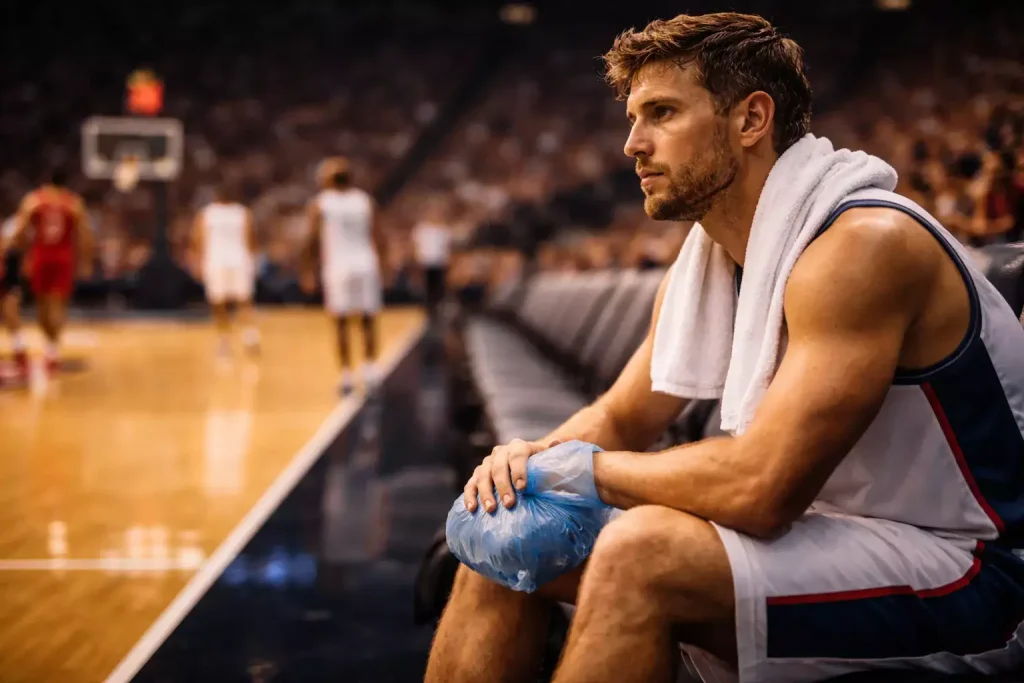 Basketbalspeler zit op de bank met een ijspak op zijn knie in een sporthal