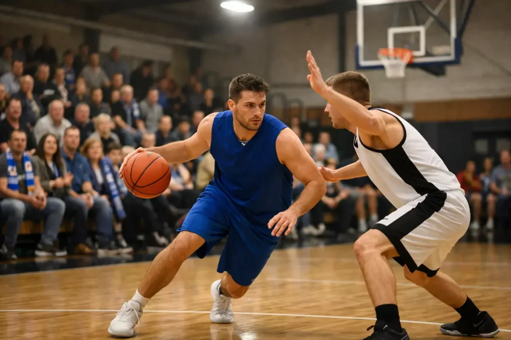 Basketbalspelers in actie tijdens een BNXT League-wedstrijd in een Nederlandse sporthal