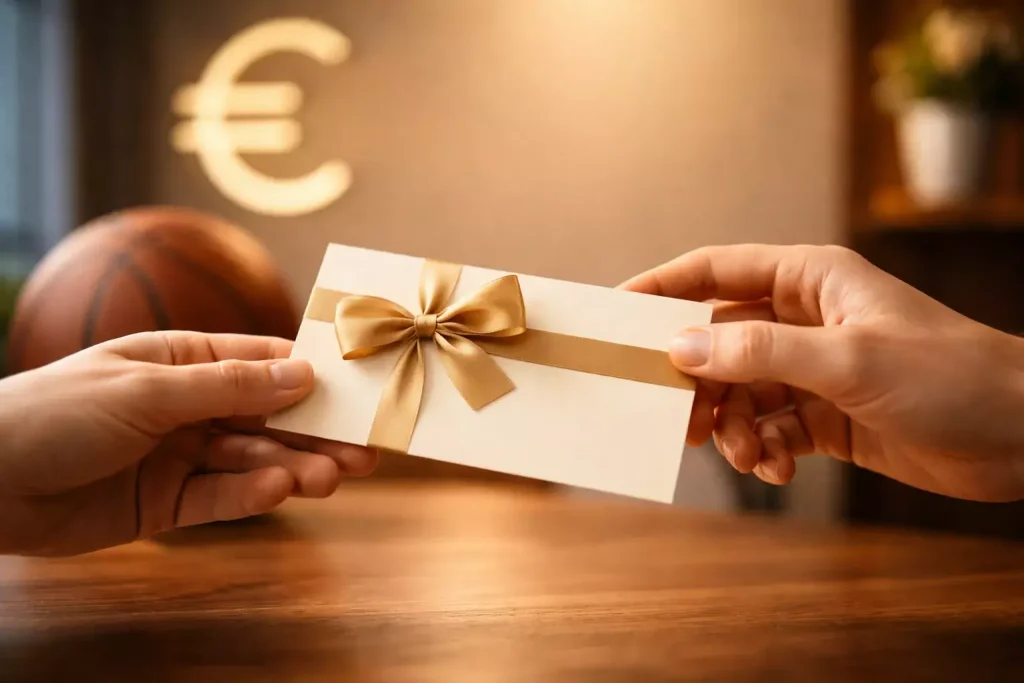 Hand ontvangt een cadeaubon met een basketbal en het euroteken op de achtergrond