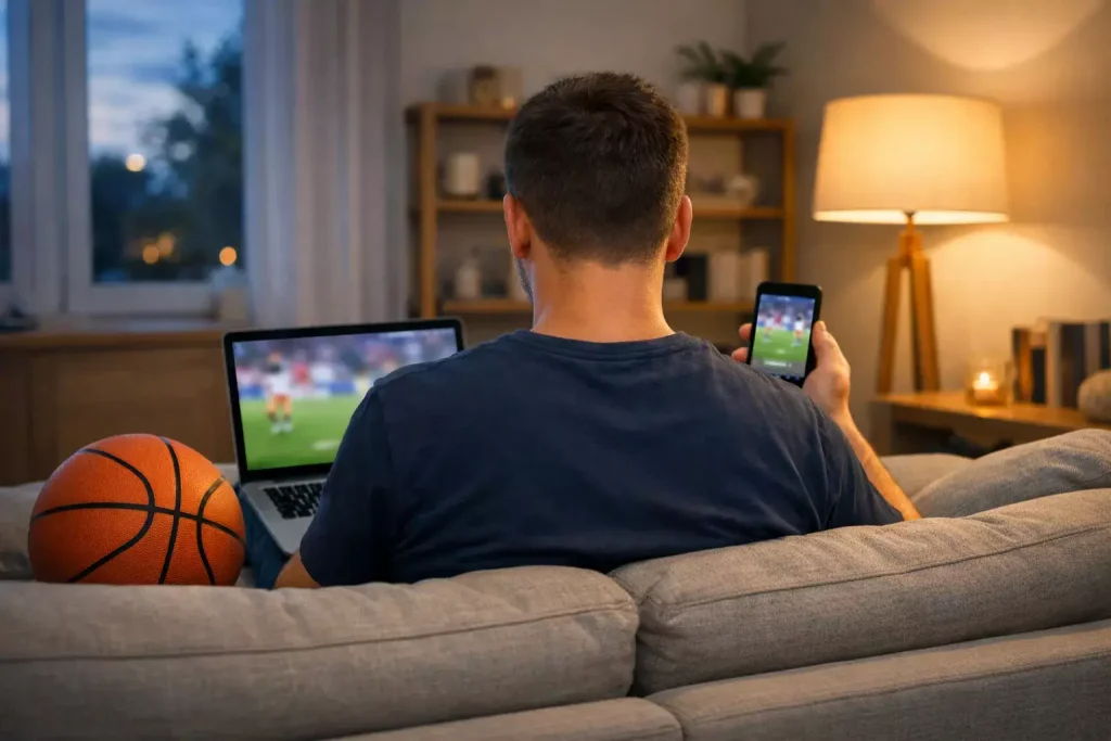 Man vergelijkt basketbalwedstrijden op een laptop en smartphone in een huiskamer