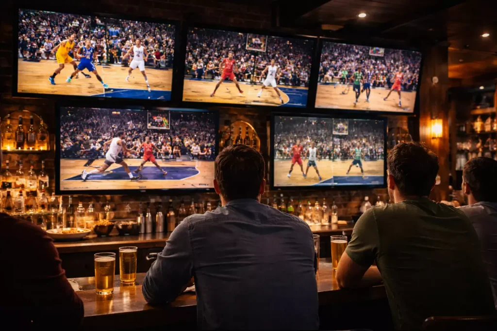 Meerdere basketbalwedstrijden tegelijk op grote schermen in een sportbar