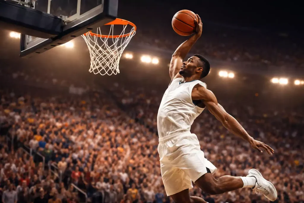 Basketballer scoort een dunk tijdens een NBA-wedstrijd in een uitverkochte arena