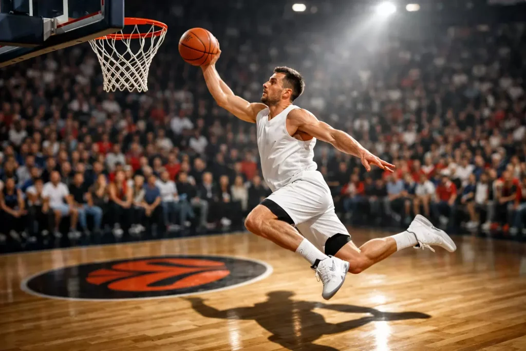 Basketbalspeler scoort tijdens een EuroLeague-wedstrijd in een volle Europese hal