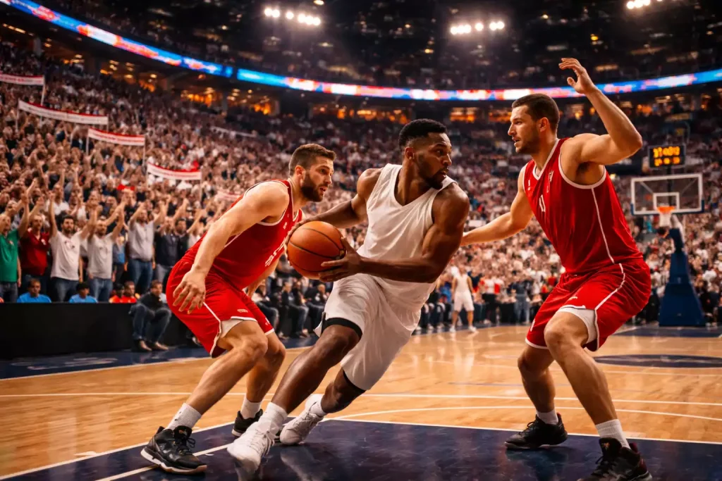 EuroLeague basketbalwedstrijd in een Europese arena met enthousiast publiek