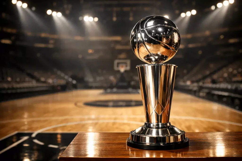 Basketbaltrofee op een tafel met een verlicht basketbalveld op de achtergrond