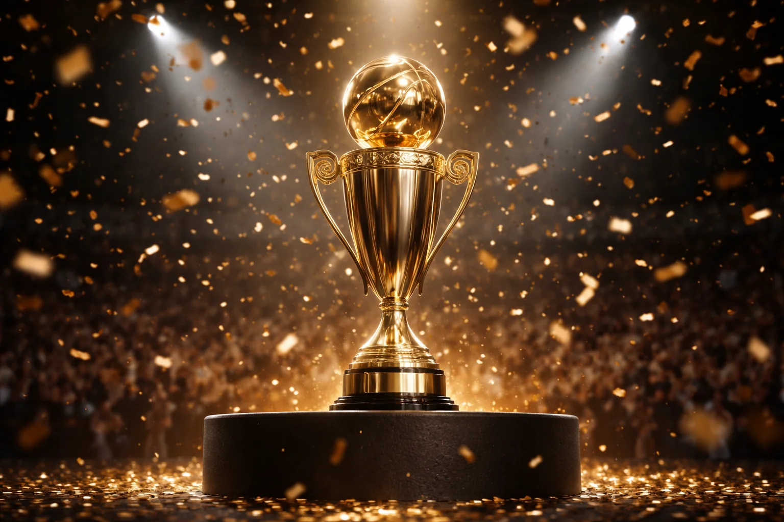 NBA Championship trofee met confetti en vierend team op de achtergrond