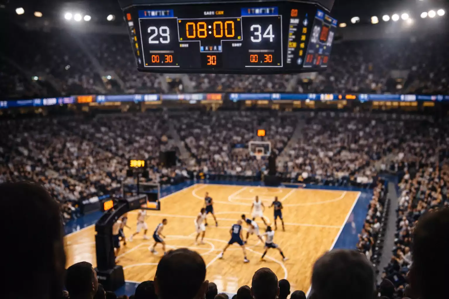Live basketbalwedstrijd met real-time scorebord en tijdklok