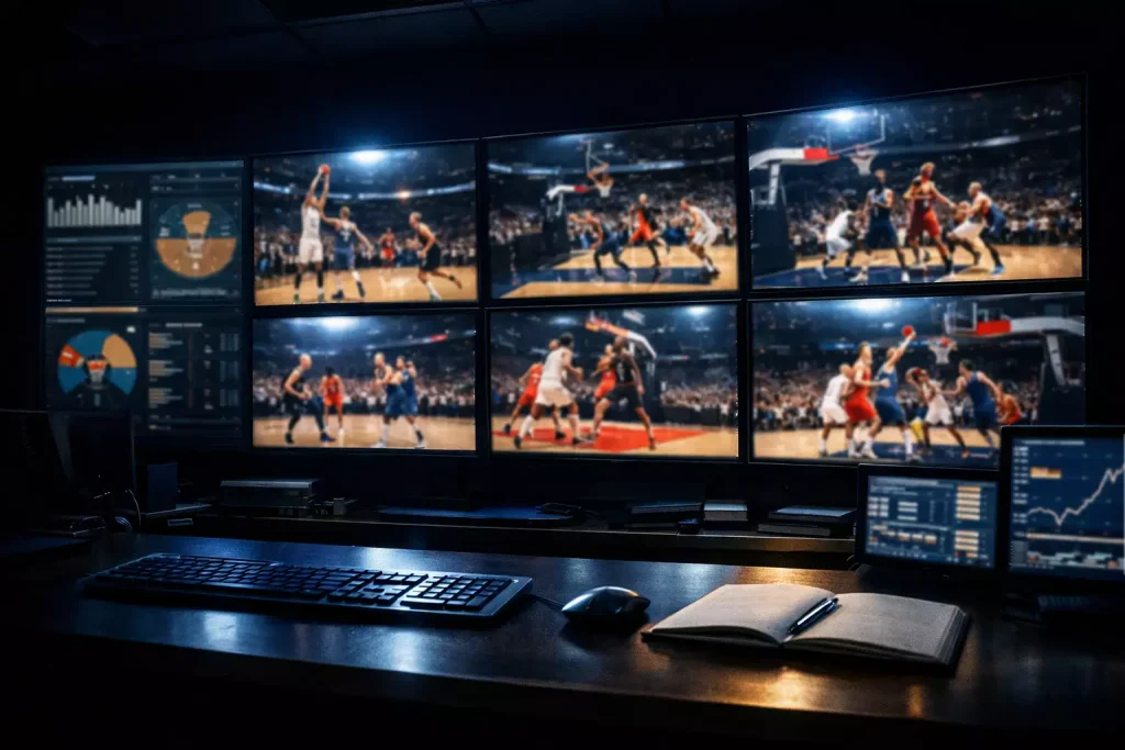 Analyseruimte met grote schermen die live basketbalwedstrijden en statistieken tonen