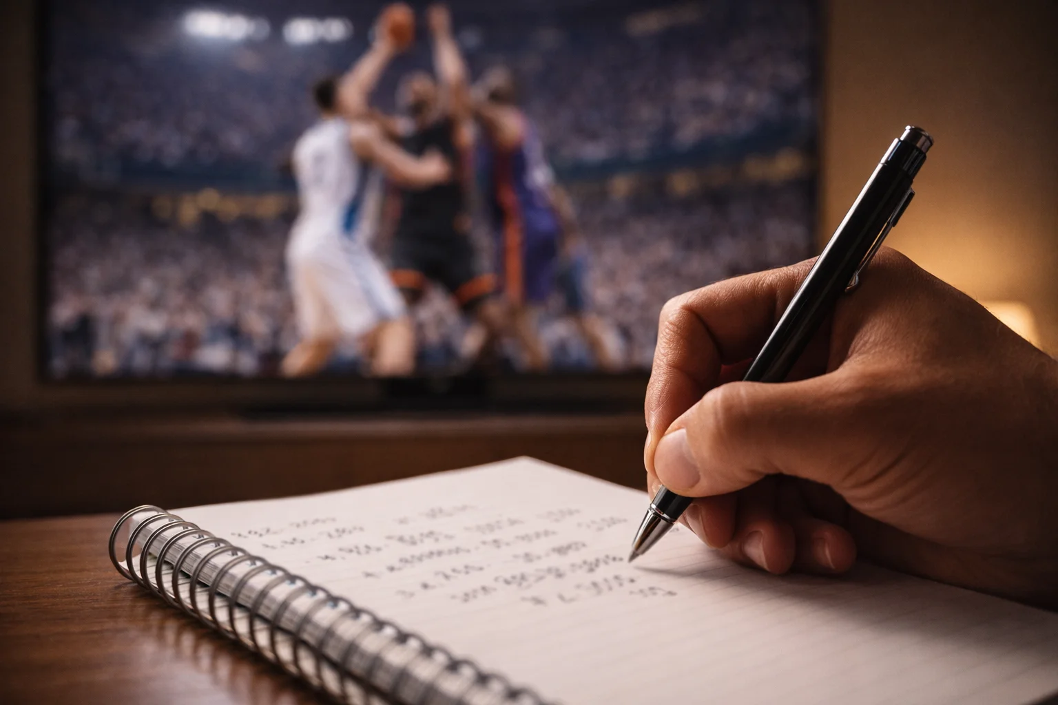 Hand schrijft berekeningen in notitieboek met basketbalwedstrijd op achtergrond