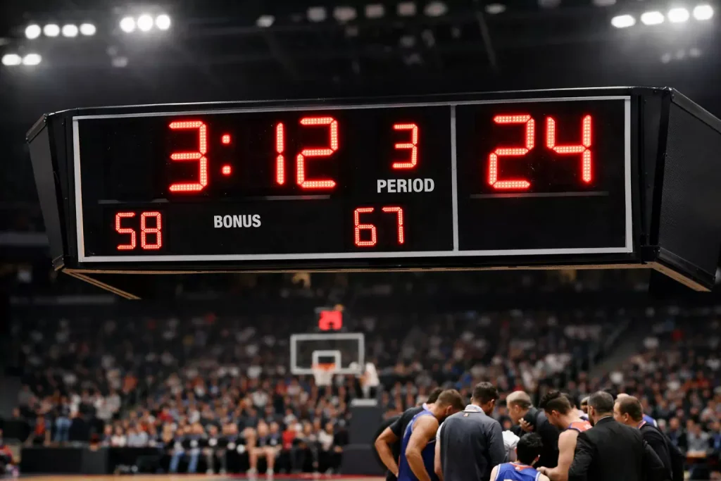 Close-up van een basketbalklok en scorebord tijdens een time-out in een NBA-wedstrijd