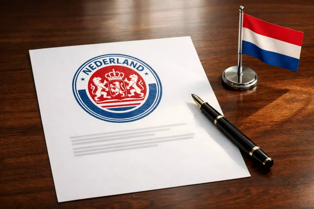 Officieel Nederlands overheidsdocument met vergunningsstempel op een bureau
