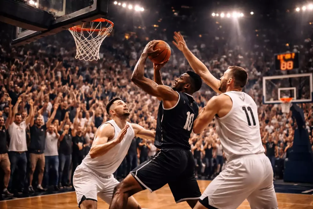 Spannende basketbalwedstrijd in laatste kwart met fans die meeleven
