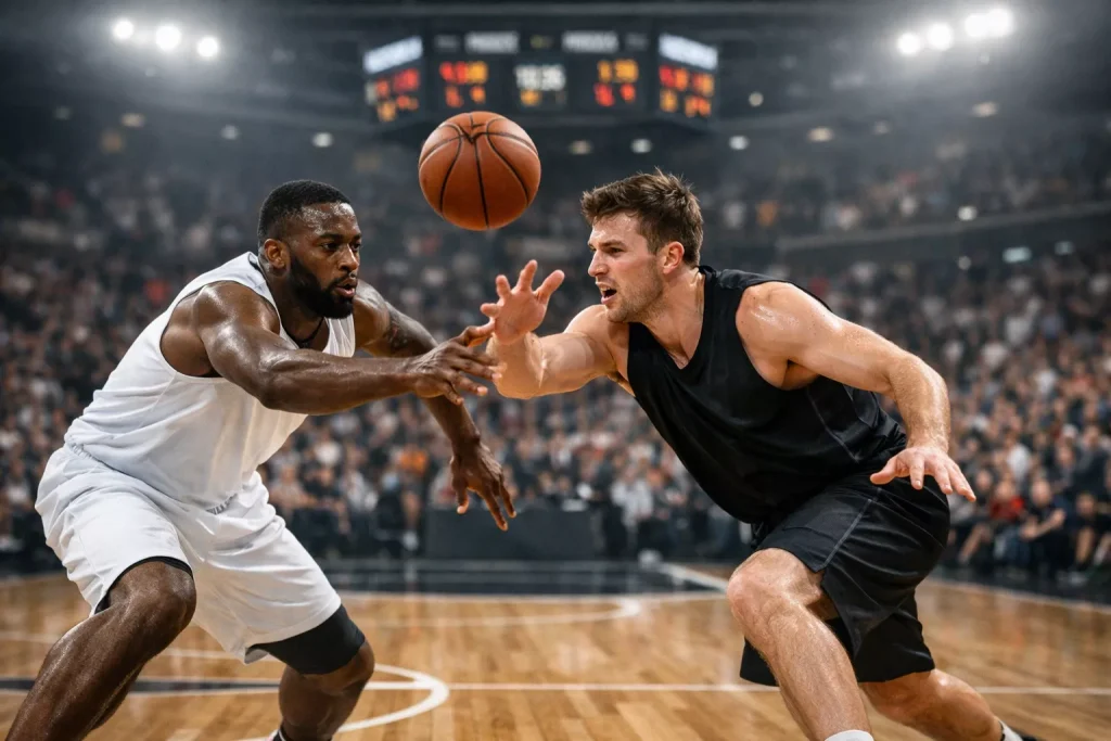 Dynamisch moment tijdens een basketbalwedstrijd met het scorebord op de achtergrond