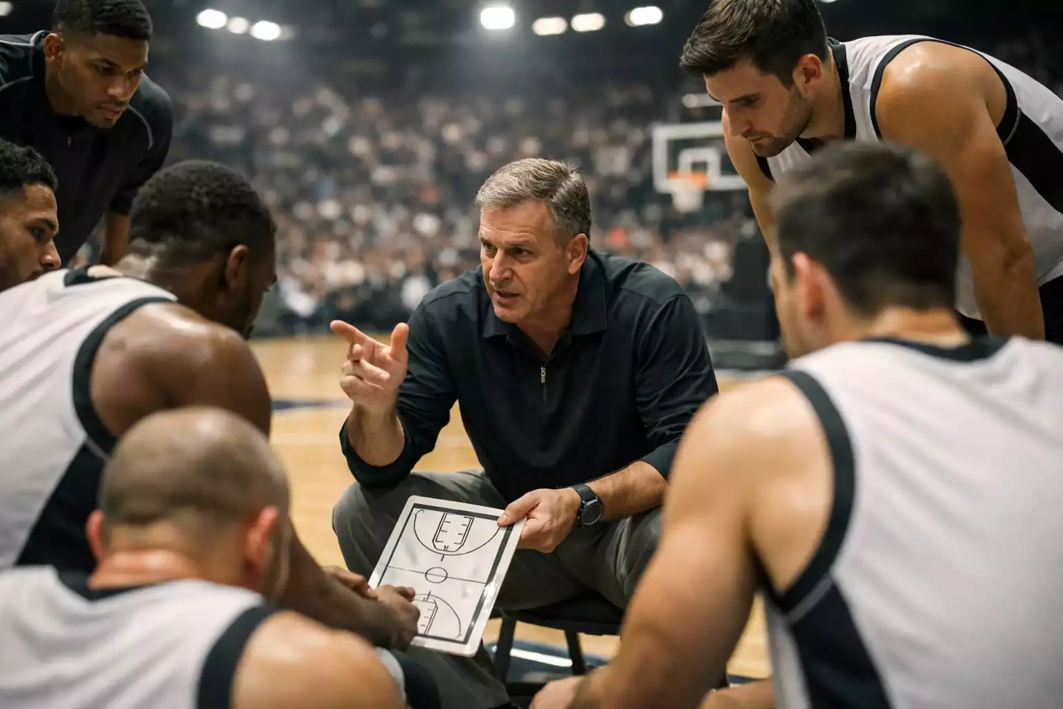 Basketbalteam tijdens time-out luistert naar tactische bespreking