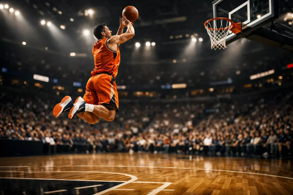 Basketbalspeler maakt een score tijdens een NBA-wedstrijd in een verlichte arena