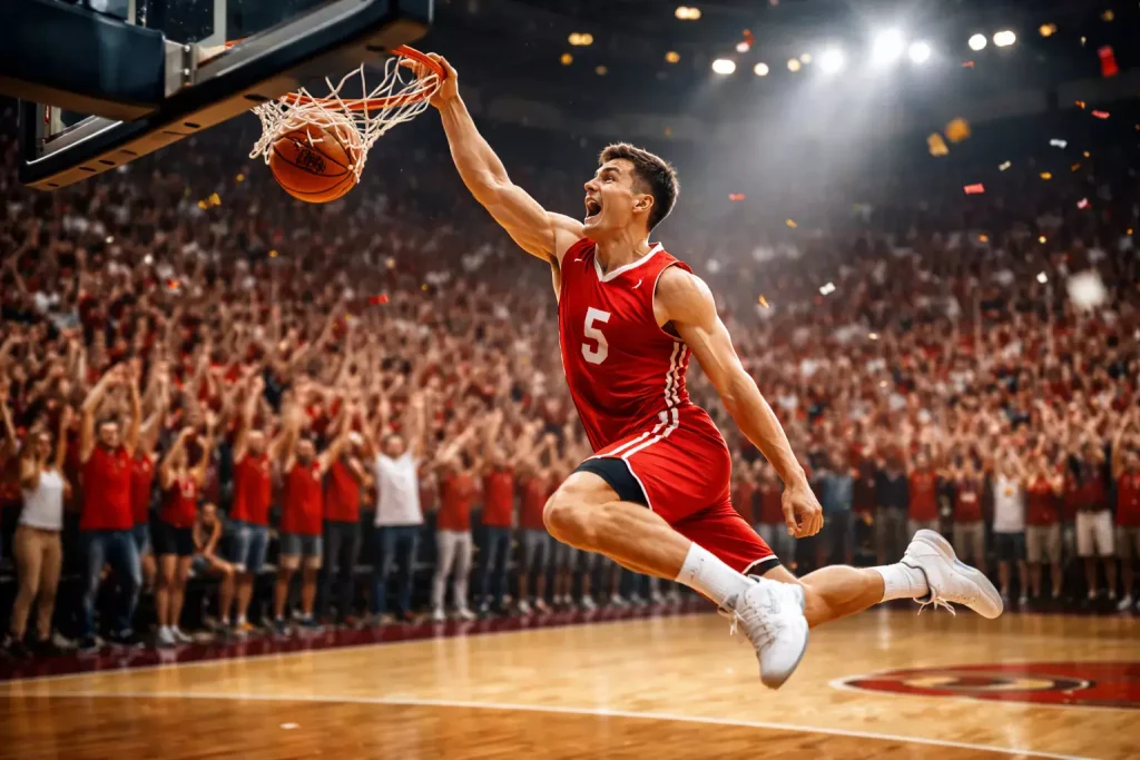 College basketbalspelers in een uitverkochte universiteitshal tijdens March Madness