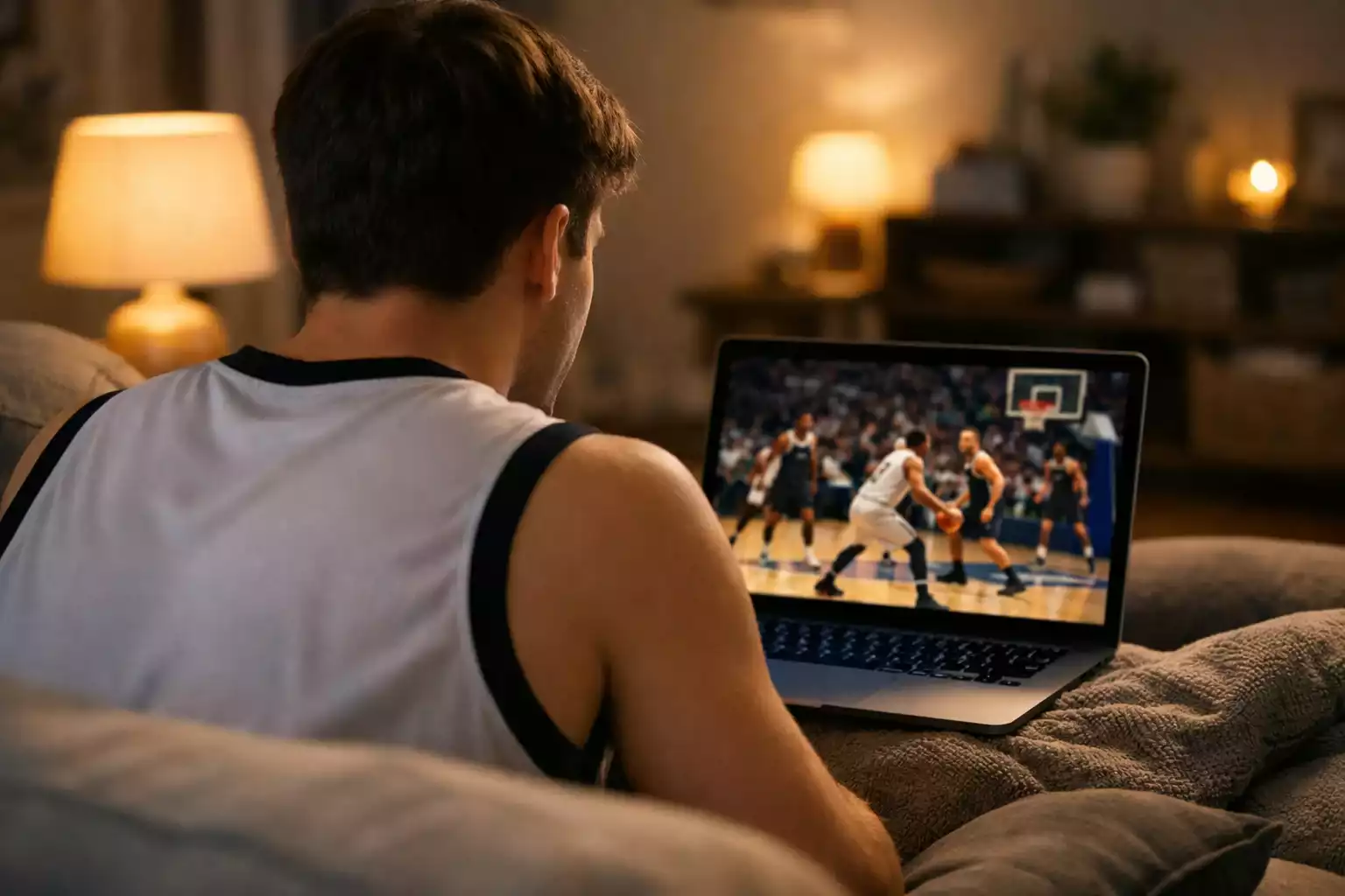 Nederlandse fan kijkt naar NBA-wedstrijd op laptop met basketbalshirt aan