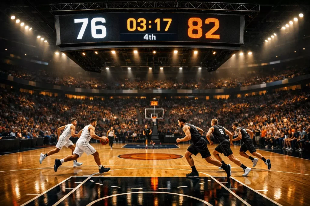 Scorebord in een basketbalarena toont een hoge score tijdens een snelle NBA-wedstrijd