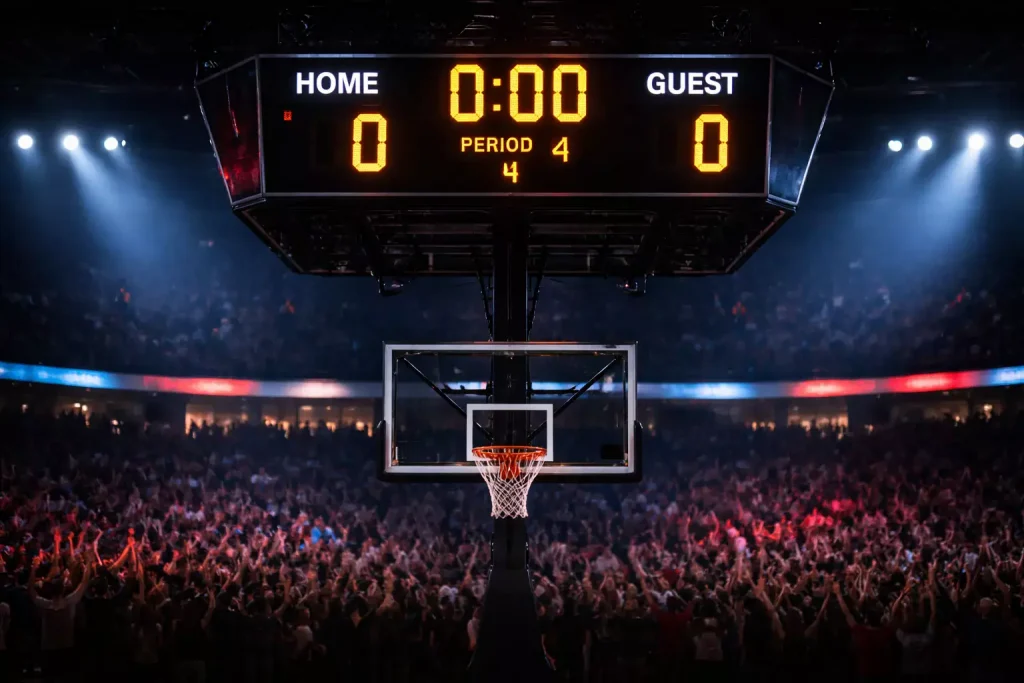 Scorebord toont een gelijke stand in het vierde kwart van een spannende basketbalwedstrijd