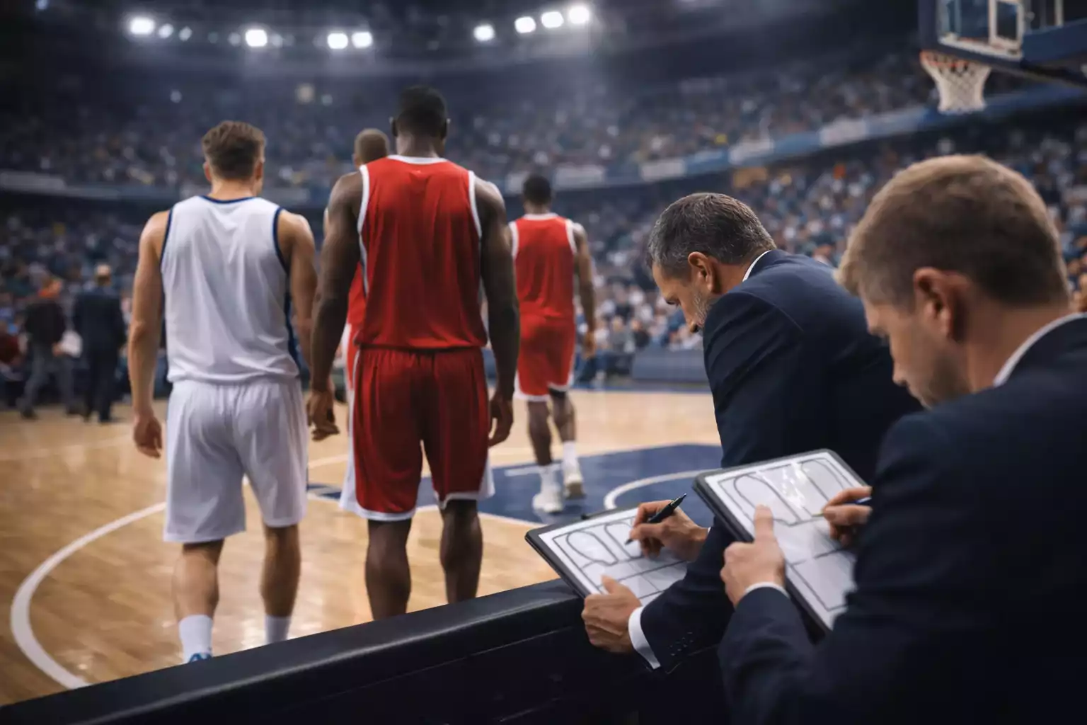 Basketbalspelers tijdens kwartwissel met coach die instructies geeft