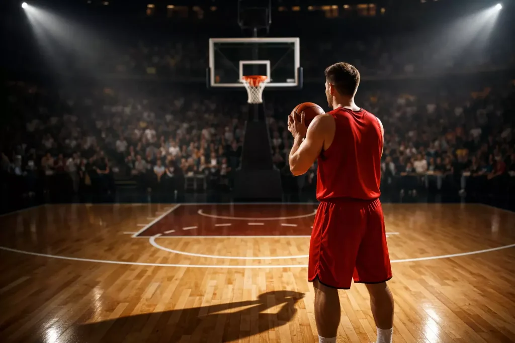 Basketbalspeler met de bal in de hand klaar voor een vrije worp in een volle arena
