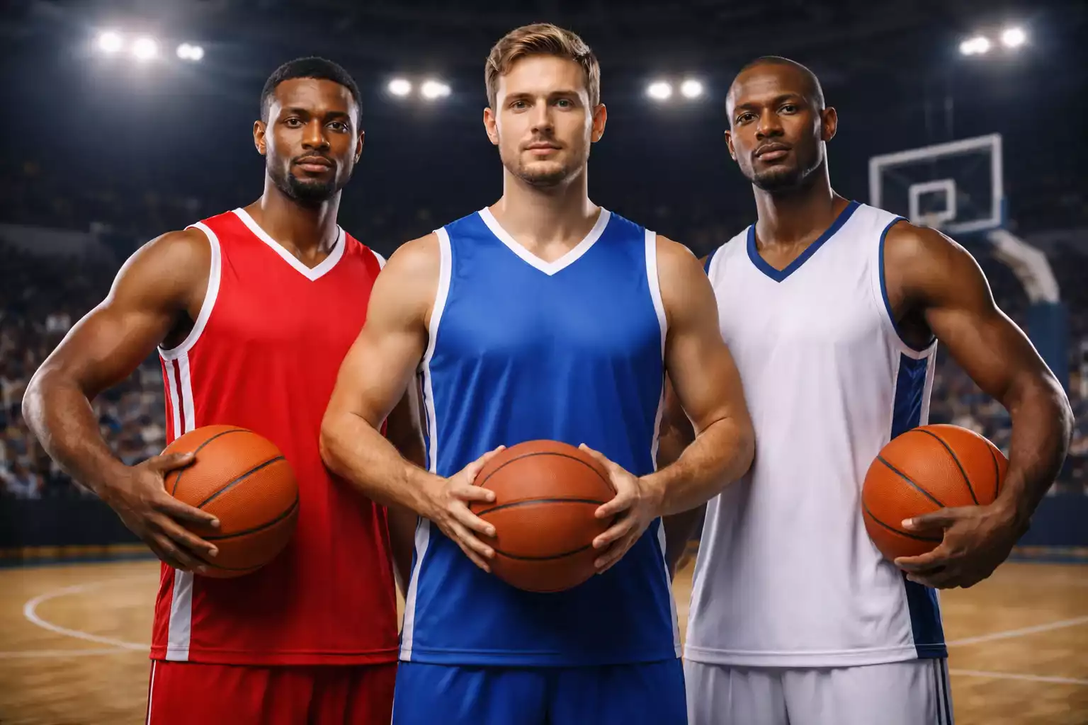 Sterspelers van NBA-topteams in teamshirts met basketbal