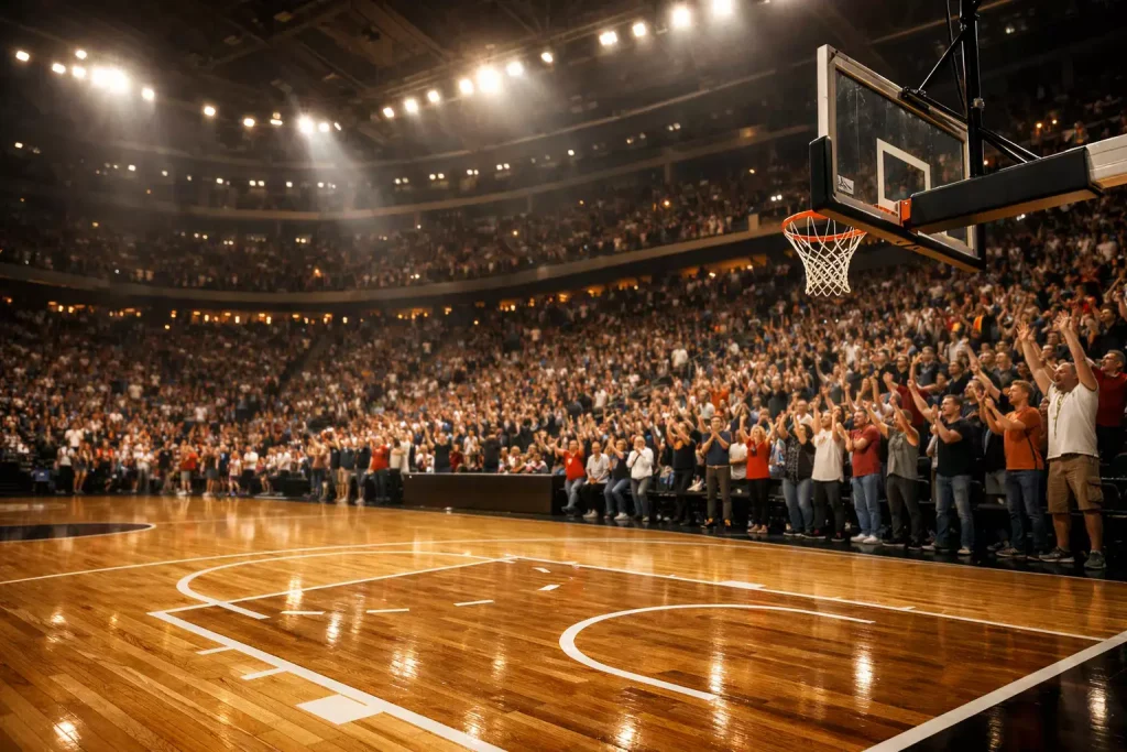 Volle basketbalhal met enthousiast publiek dat het thuisteam aanmoedigt