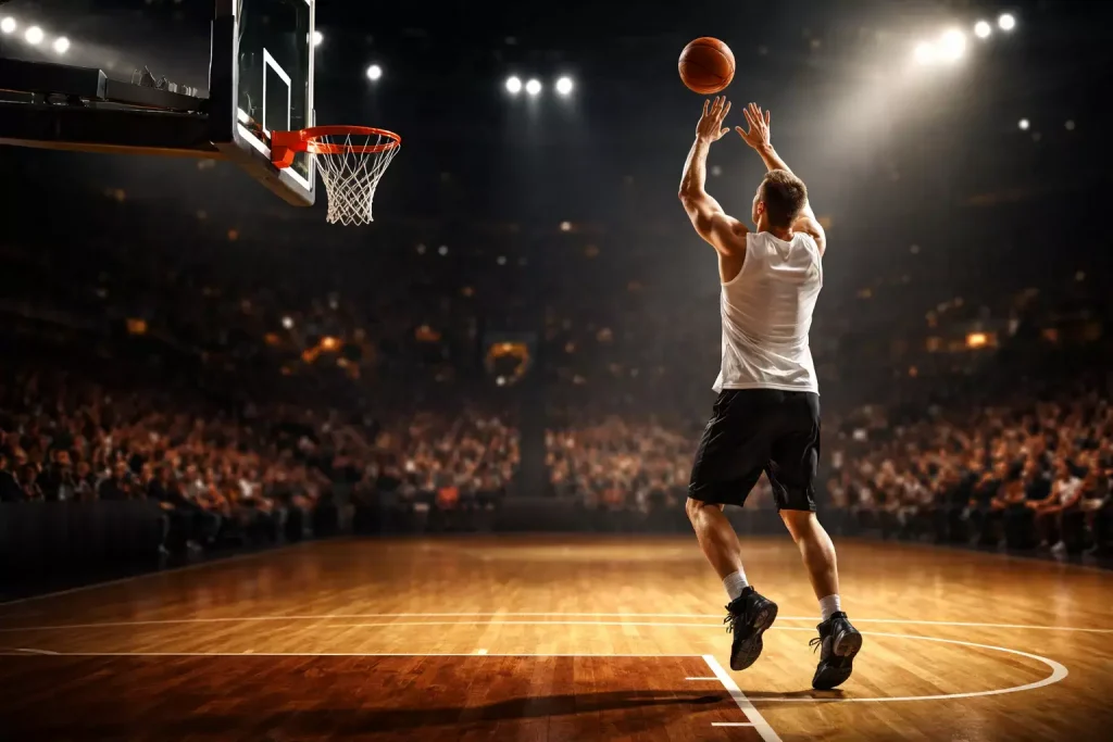 Basketbalspeler schiet op de ring in een verlichte sporthal tijdens een wedstrijd