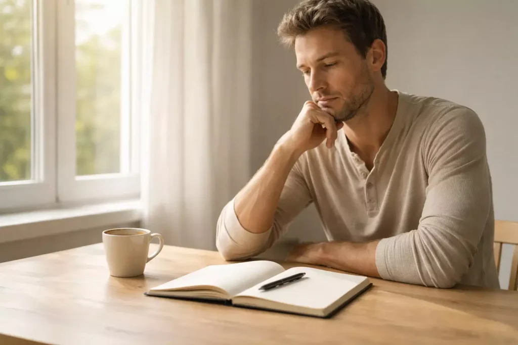 Persoon zit rustig aan tafel met een notitieboekje en schrijft een persoonlijk plan