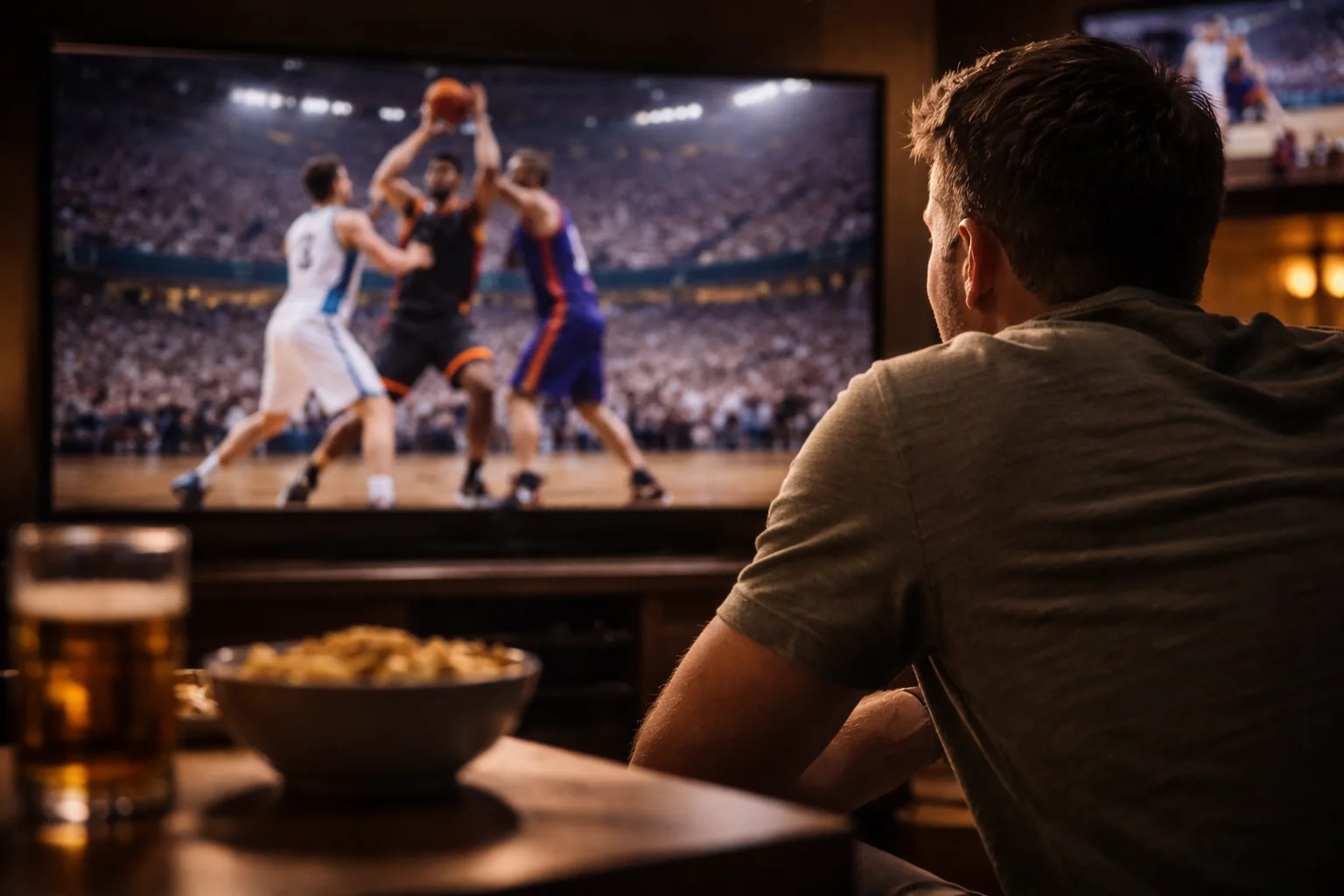 Fan kijkt geconcentreerd naar basketbalwedstrijd op groot scherm