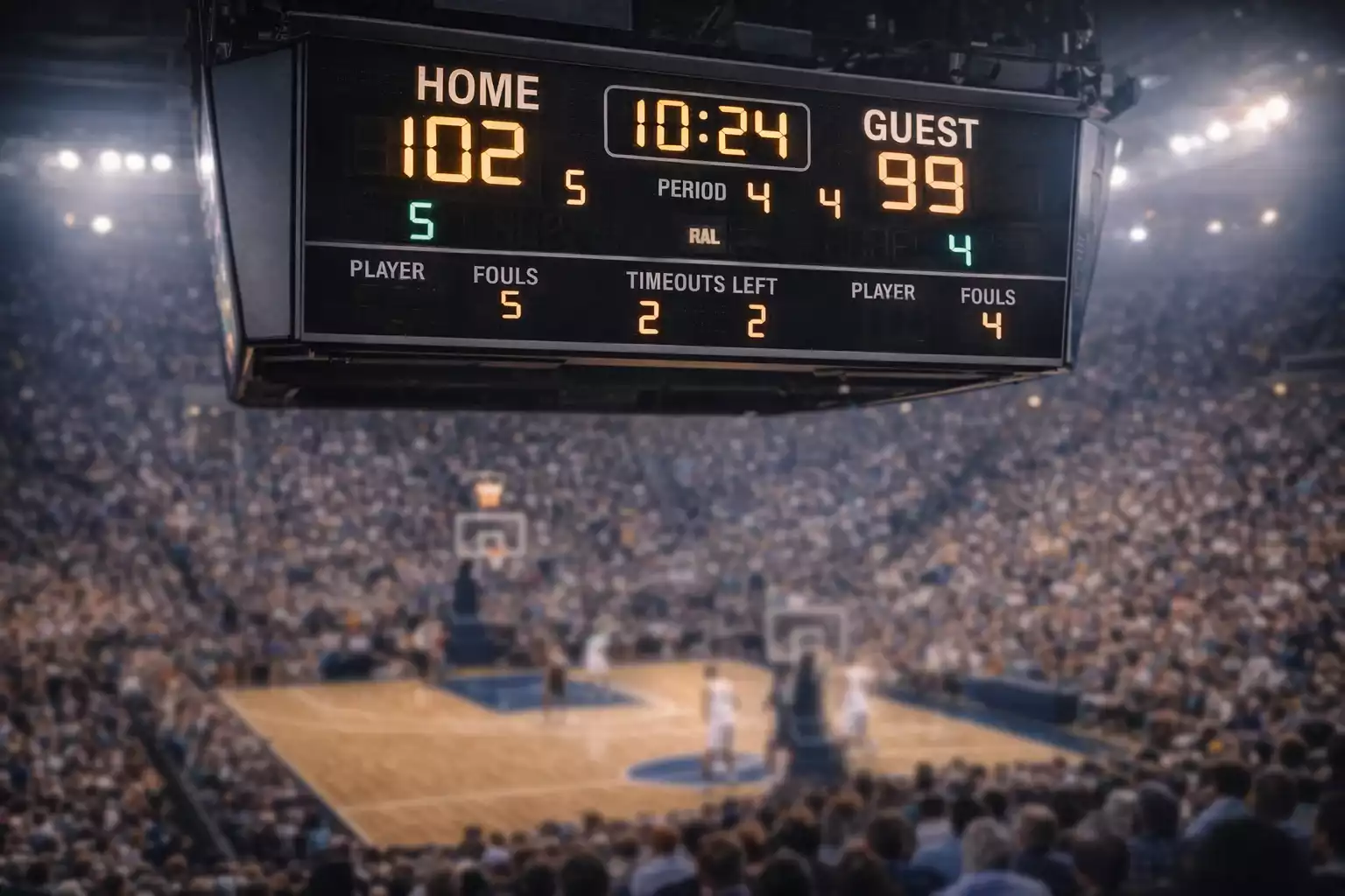 Scorebord van basketbalwedstrijd met hoge puntenstand