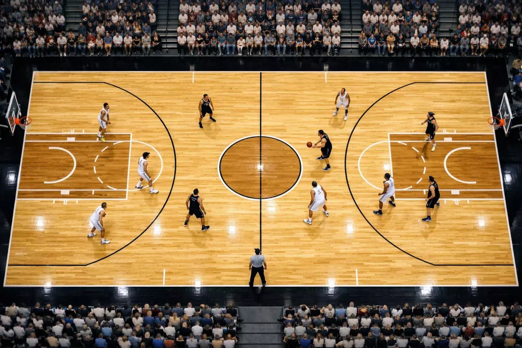 NBA-basketbalveld van bovenaf gezien met spelers in actie tijdens een wedstrijd