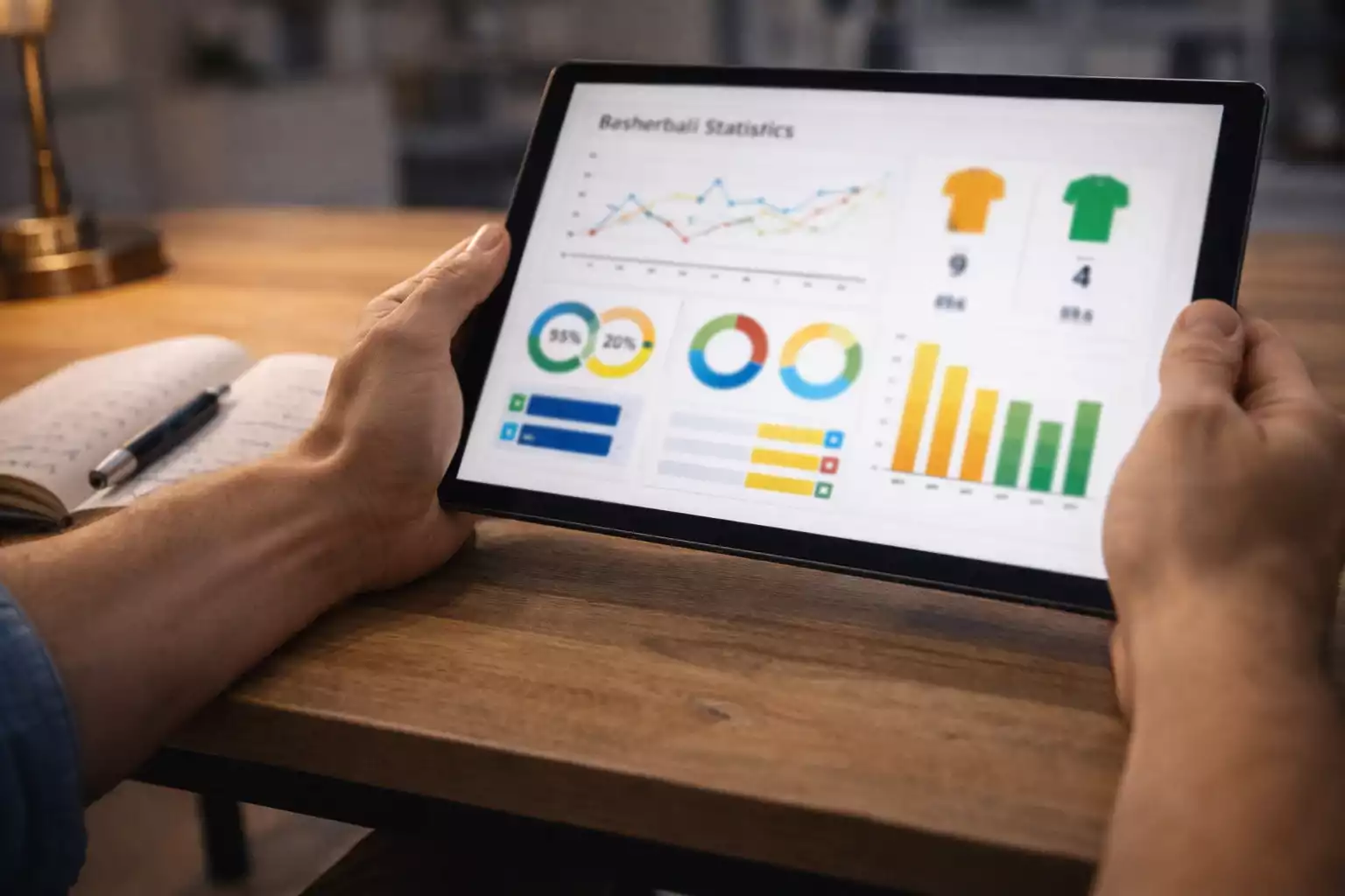 Persoon bestudeert basketbalstatistieken op tablet met notitieblok