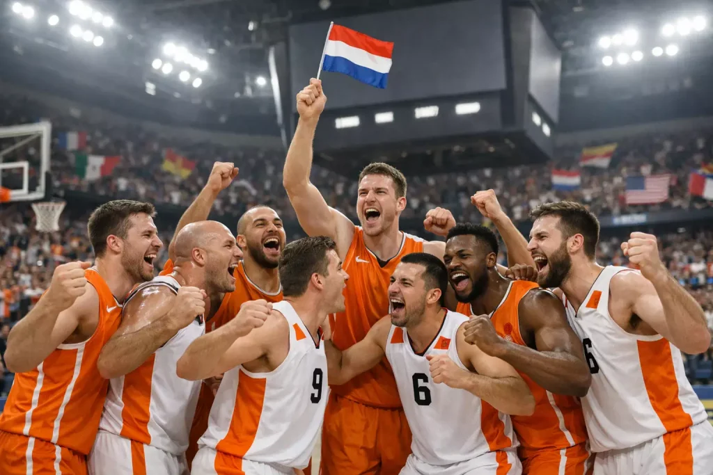 Nationaal basketbalteam viert een overwinning met vlaggen tijdens een internationaal toernooi